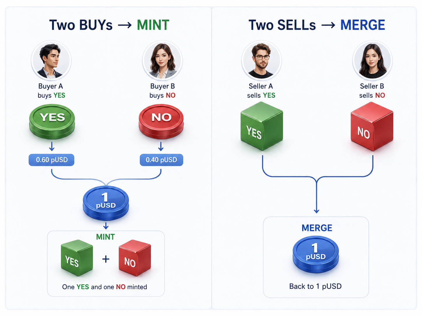 两个 BUY 通过 MINT 成交,两个 SELL 通过 MERGE 成交